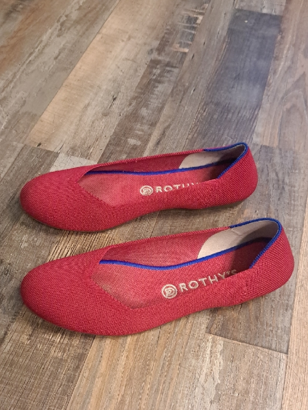 Rothy's Red Knit Ballet Flats with Blue Trim - Picture 2 of 5